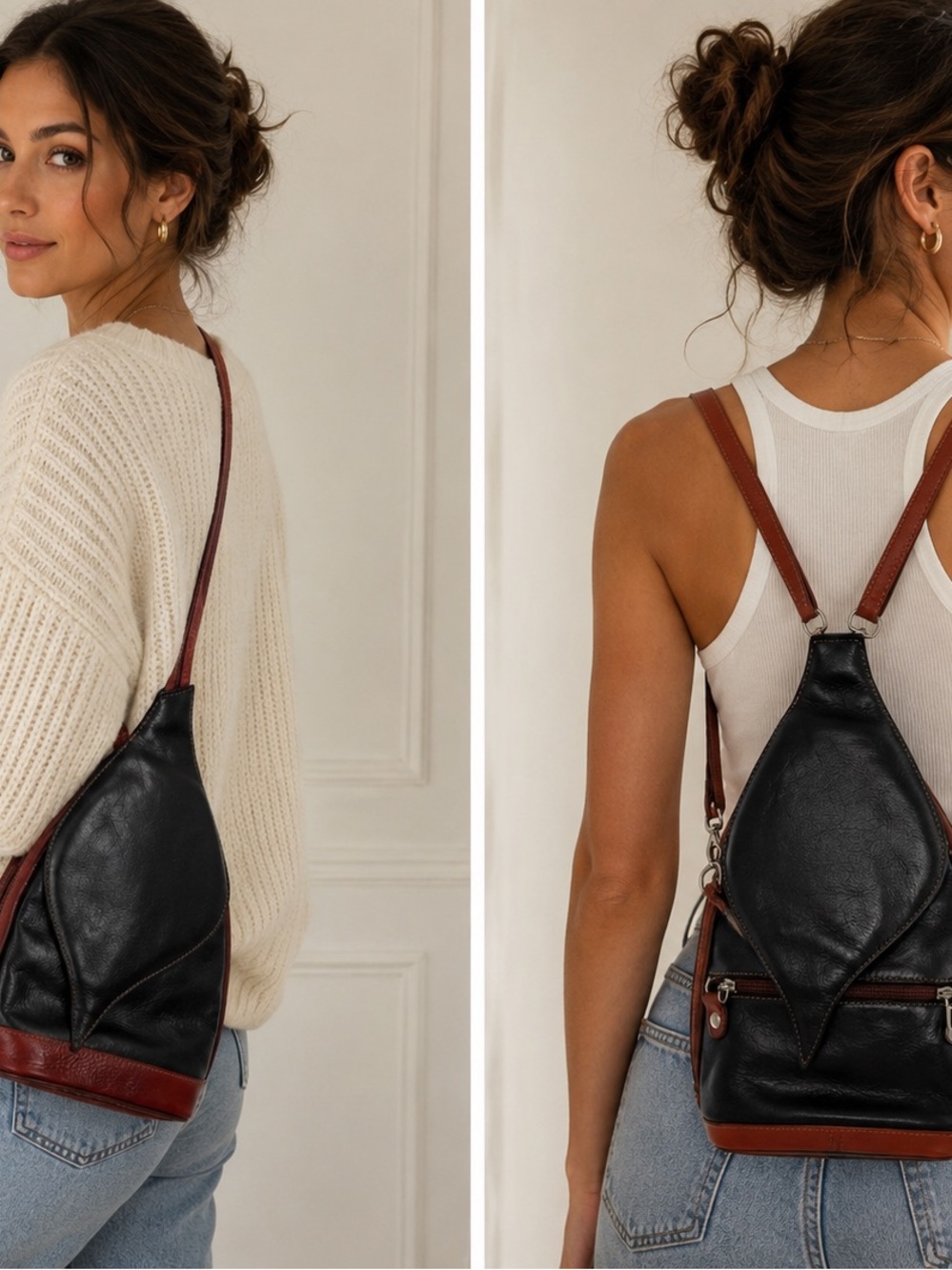 Vintage Vera Pelle Italian Leather Convertible Backpack Sling Bag Black Brown